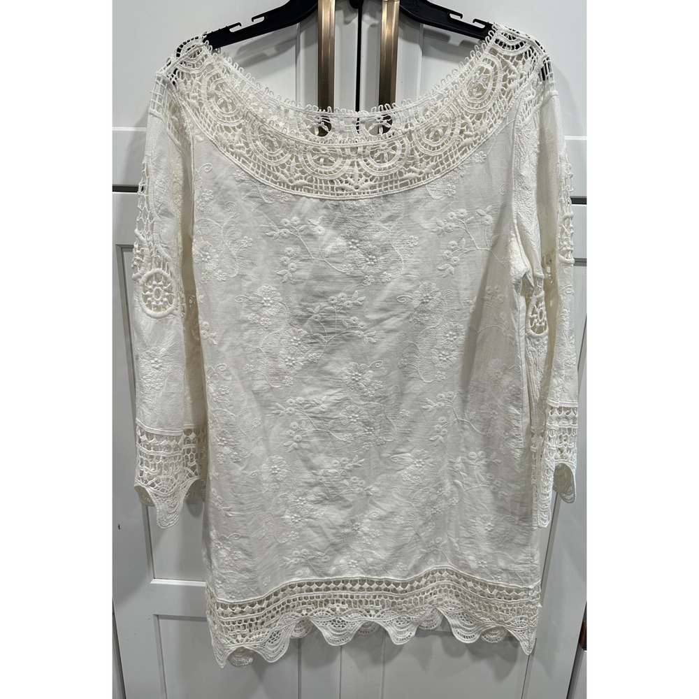 La Blanca Womens White Cotton Crochet Lace Floral Embroidered Tunic Cover Up M